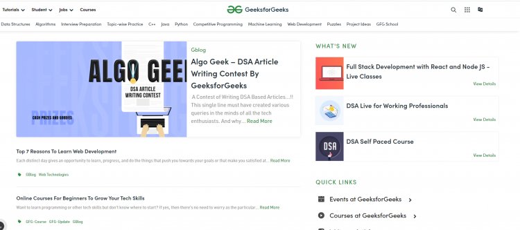 Geeks For Geeks to jedna z 20 najlepszych stron do nauki programowania za darmo