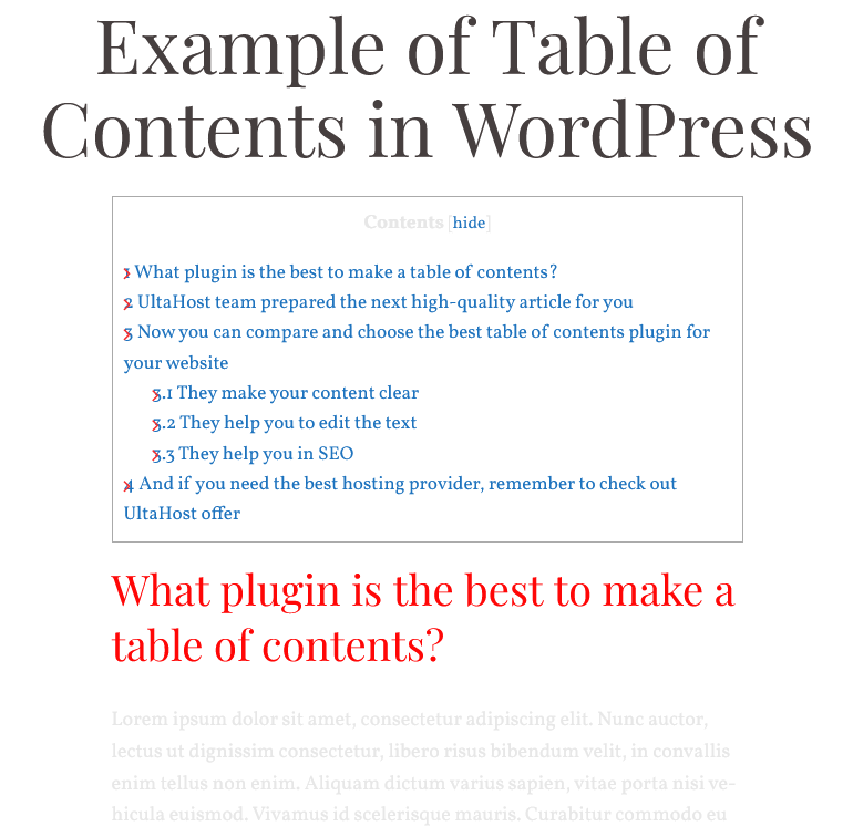 Example of Table of Contents Plus for WordPress