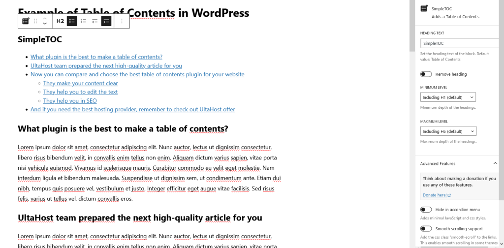 Example of Simple TOC Table of Contents for WordPress