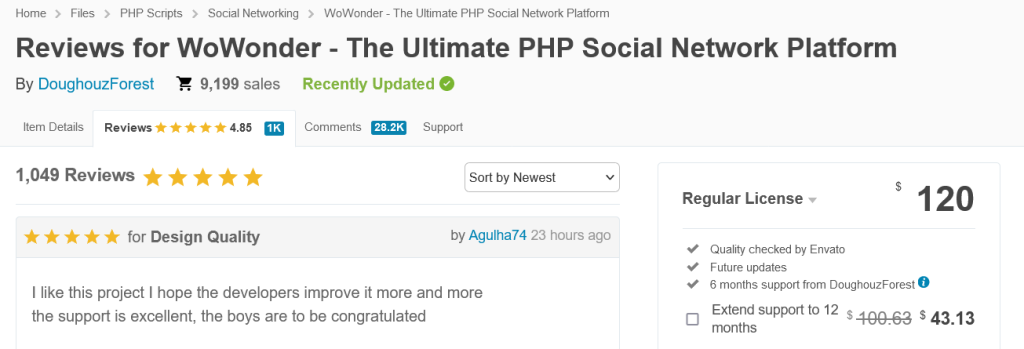 WoWonder - The Ultimate PHP Social Network Platform, prezentuje setki recenzji, opinii i ocen na platformie CodeCanyon.