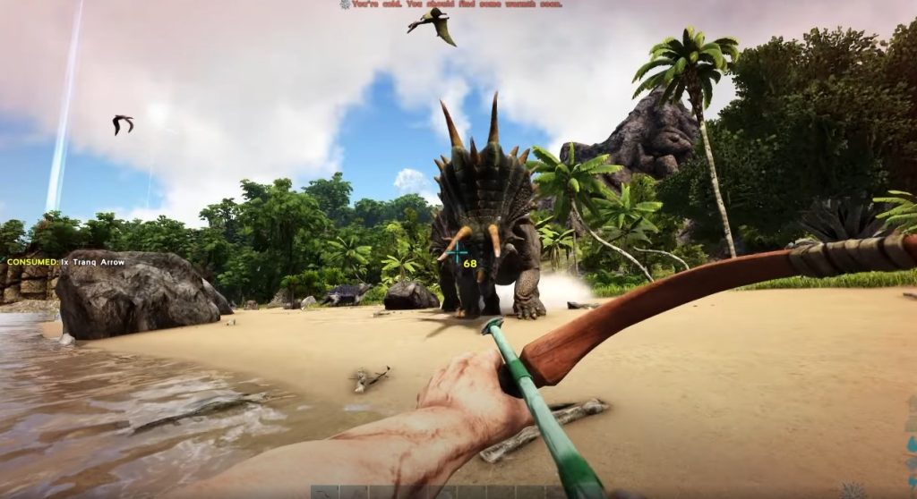 Attacking a dinosaur with narcotic crossbow in ARK: Survival Evolved