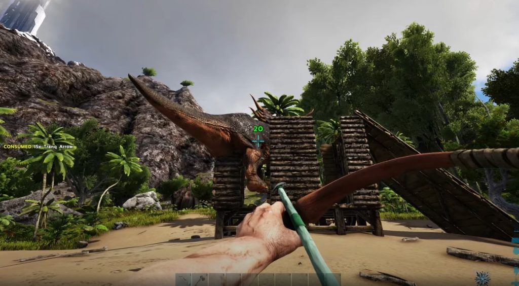 Attacking a dinosaur with narcotic crossbow stuck in trap in ARK: Survival Evolved