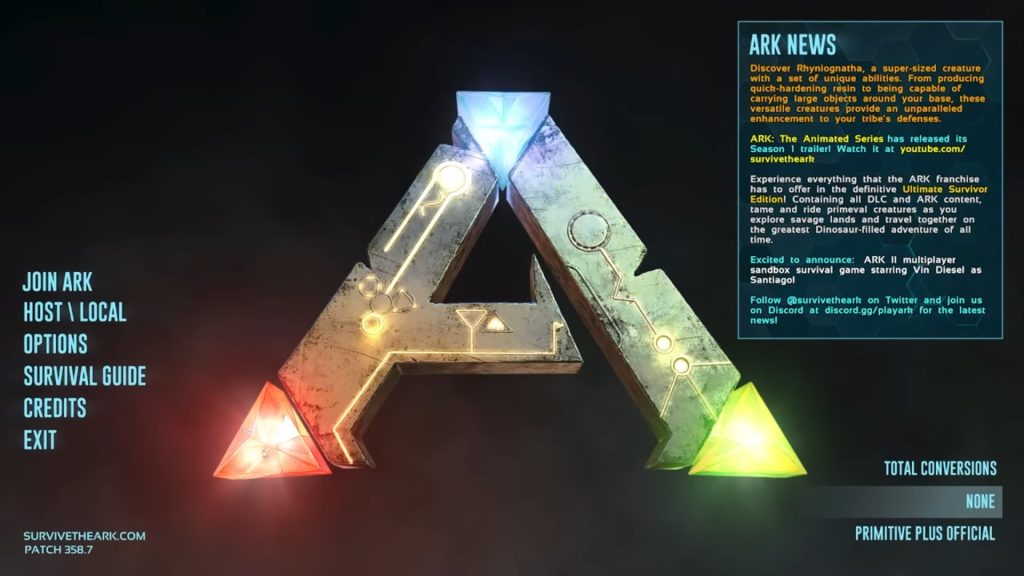 Menu of Ark: Survival Evolved