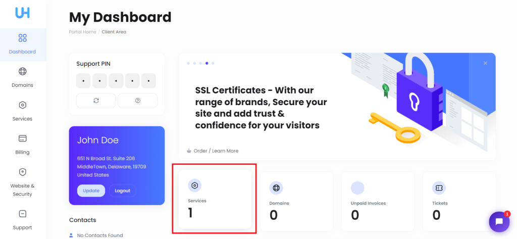 Ultahost dashboard