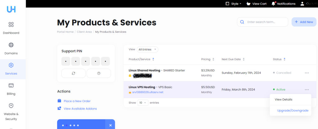 upgrade/downgrade ultahost