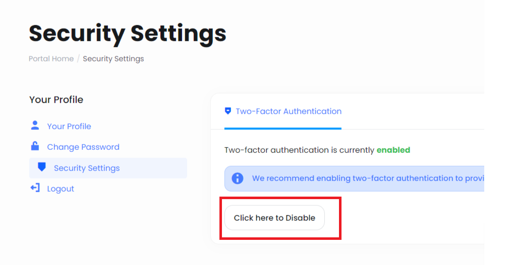 disabling 2fa ultahost