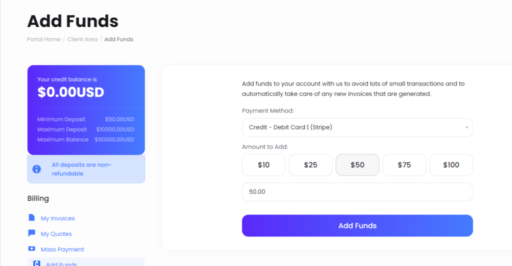 add funds ultahost