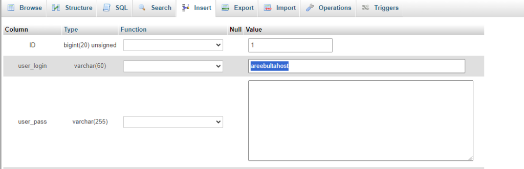 user login field