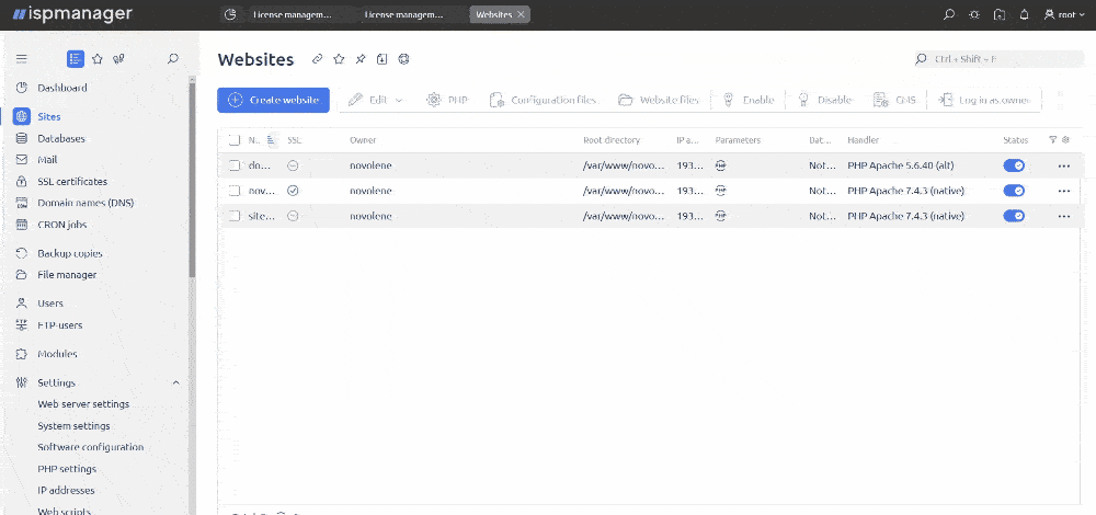 CMS WordPress in the ispmanager panel