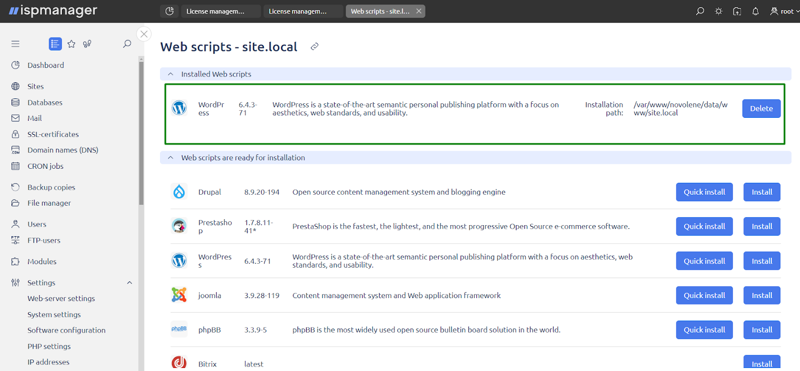 CMS WordPress in the ispmanager panel