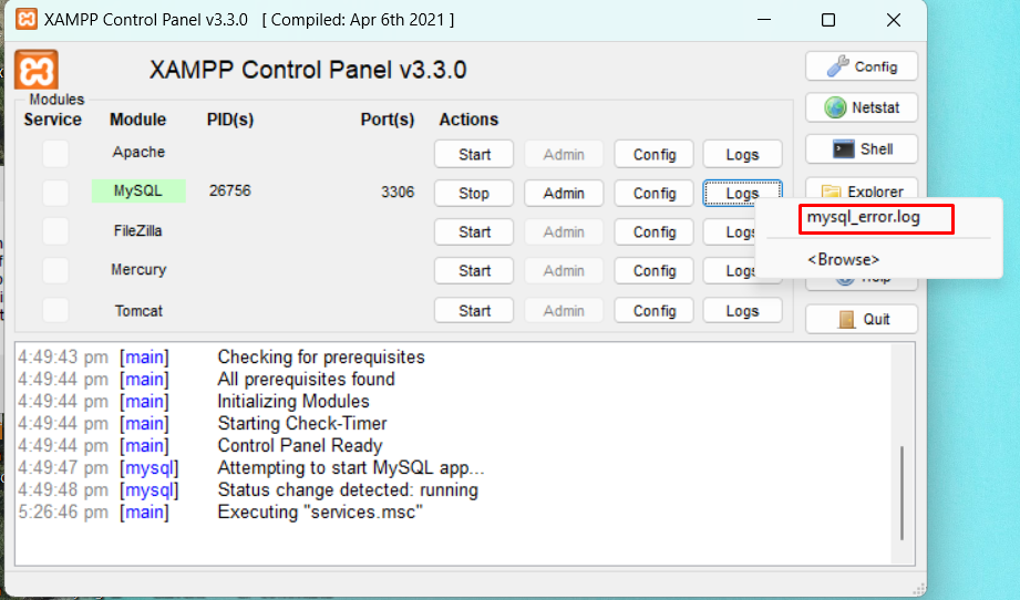 XAMPP control panel