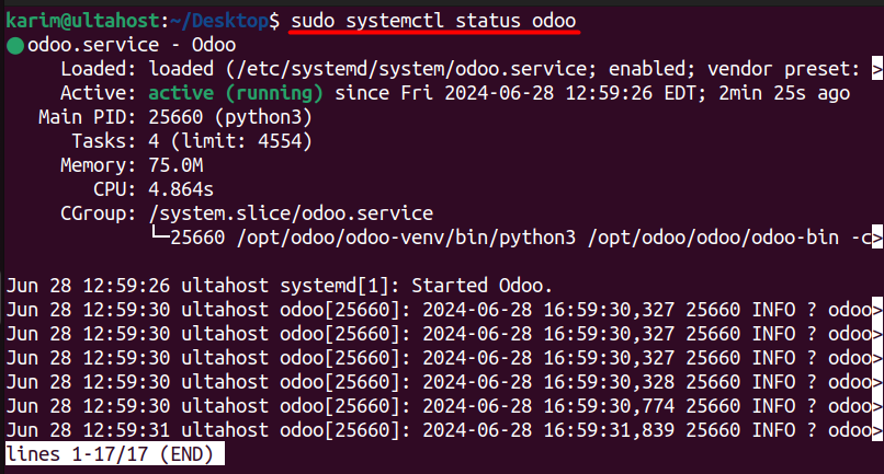 sudo system status odoo