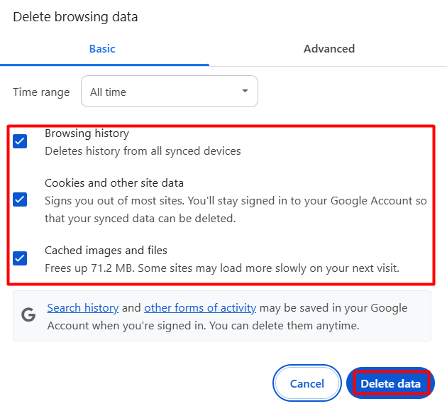 delete browsing data
