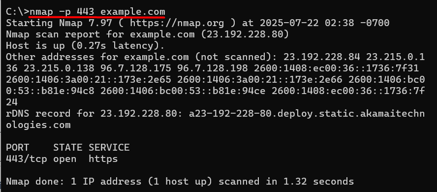 Nmap scan result displaying the status of port 443 on a remote host in Windows terminal