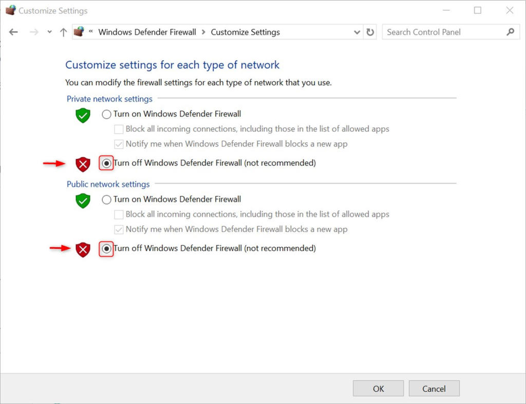 Disable Firewall to fix connection timed out